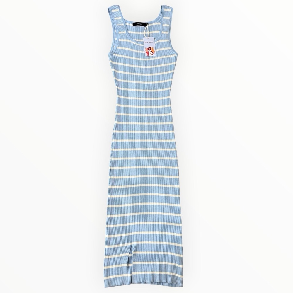 SUNNYBUY Women's Maternity Blue White Striped Knit Maxi Dress Stretch Size M